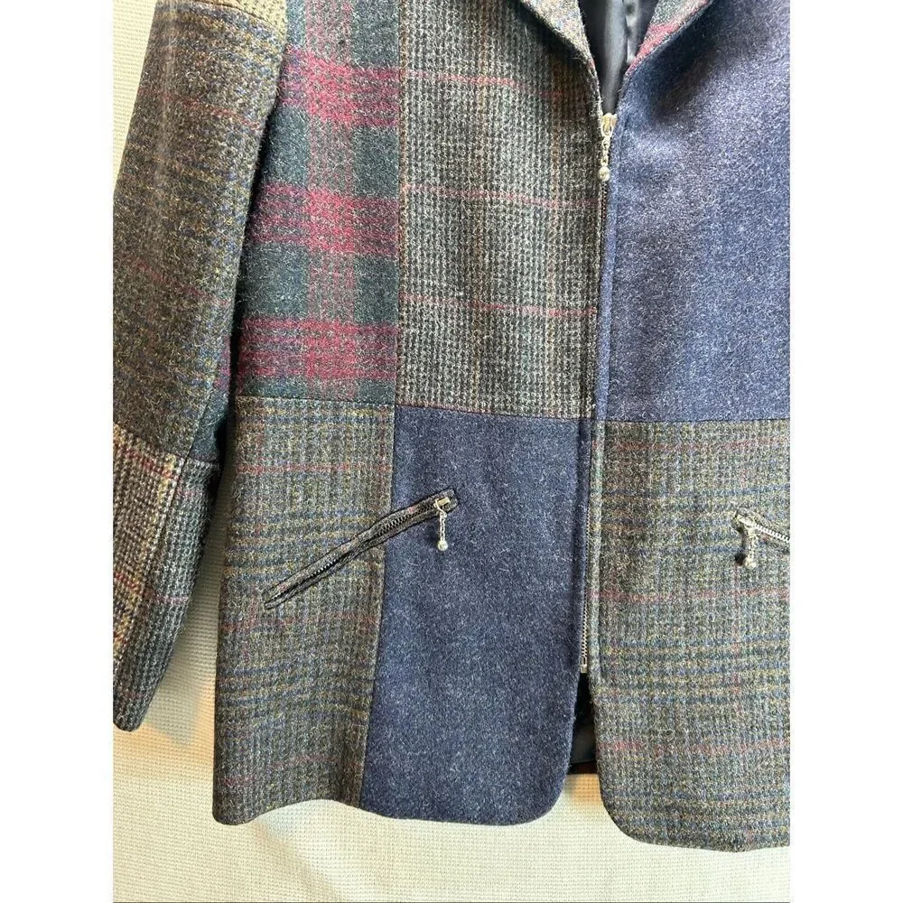 Patchwork Wool Jacket Blue Plaid Zip Front Vtg10 Dark Academia Quiet Luxury